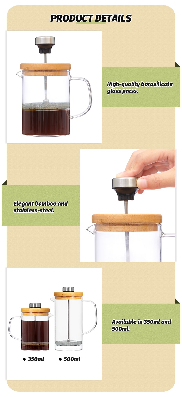 Greater Good. Borosilicate Glass French Press with Bamboo Lid - 350 ml