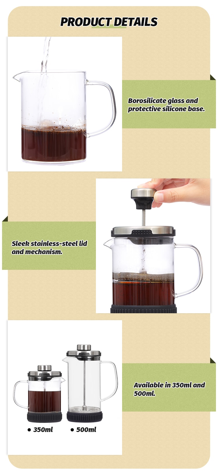 Glass French Press Coffee Maker - Stainless Steel Lid #6919A004