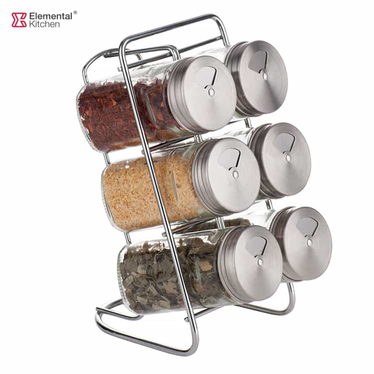 METAL SPICE RACK WITH GLASS JAR SET STAINLESS STEEL LID 7PCS #7885A002