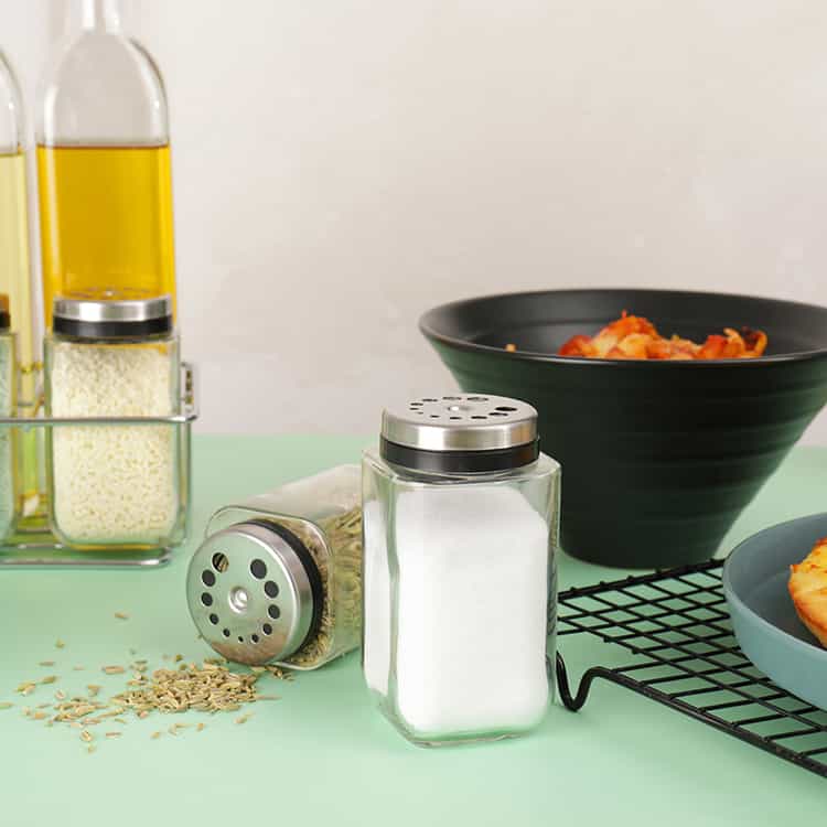 Glass Salt & Pepper Shakers with Metal Rack #78922001