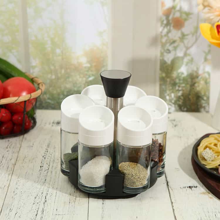 Glass Best Spice Rack Rotating with Jars Set 7pcs – Three Choice Oblique Lid #8711001