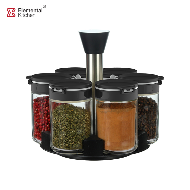 Glass Spice Containers Dual Lid with Rotating Rack-7pcs Set #79352005