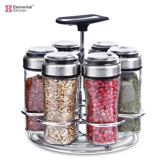 Glass Seasoning Jars with Three-opening Lid – 6 Jars and Rack Set #8769A000